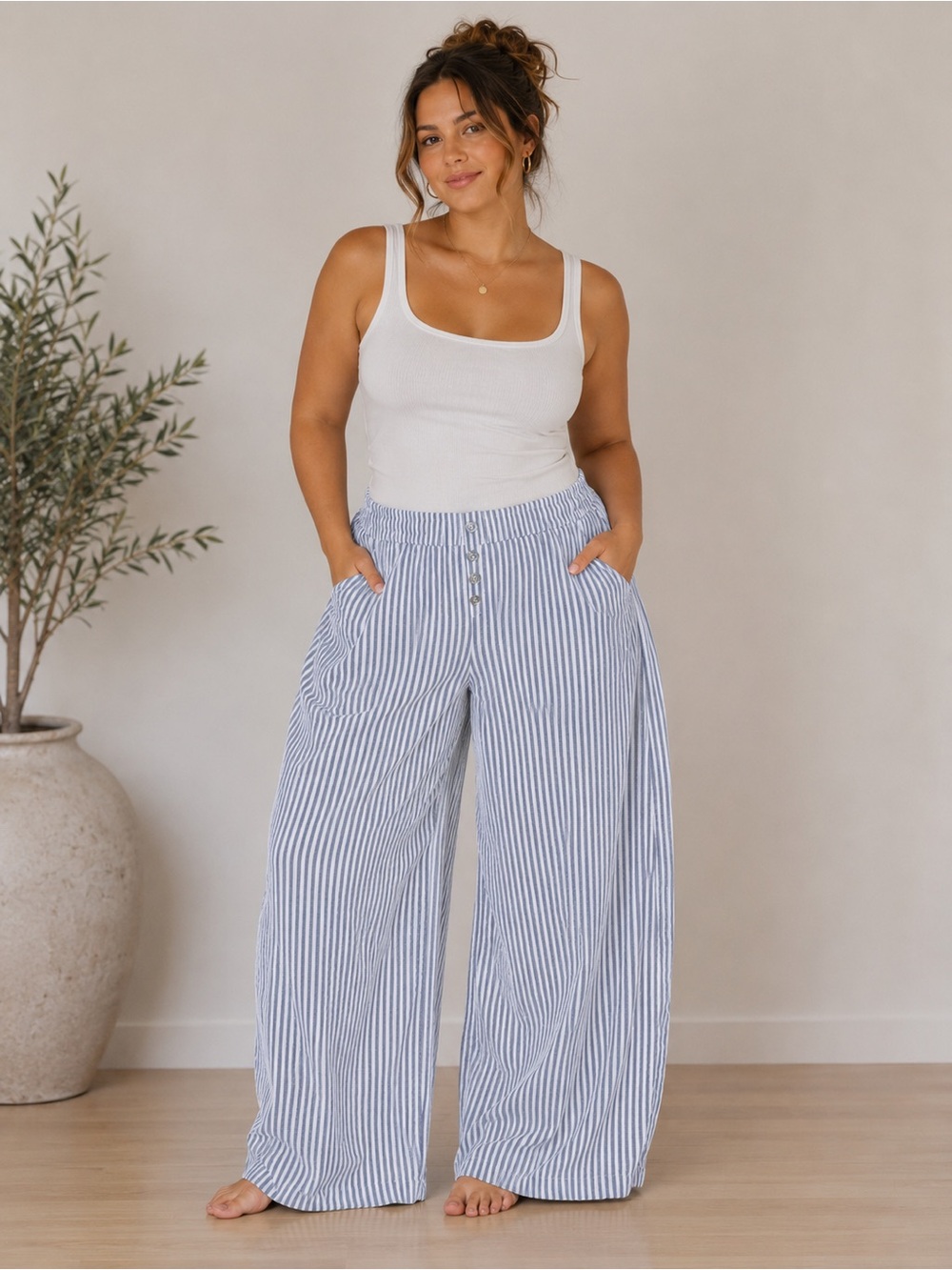 Women's Sincerely Jules Striped Wide Leg Pants - Size Large - Blue & White